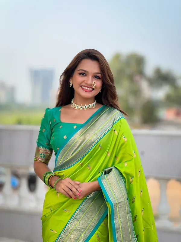 Parrot_Green_Soft_Pethani_Silk_Saree_With_Zari_Weaving_Motifs_Design_And_Meenakari_Weaving_Rich_Pallu_With_Meenakari_Weaving_Border_And_Tassels_Attached_At_Pallu_End_Blouse_For_Women