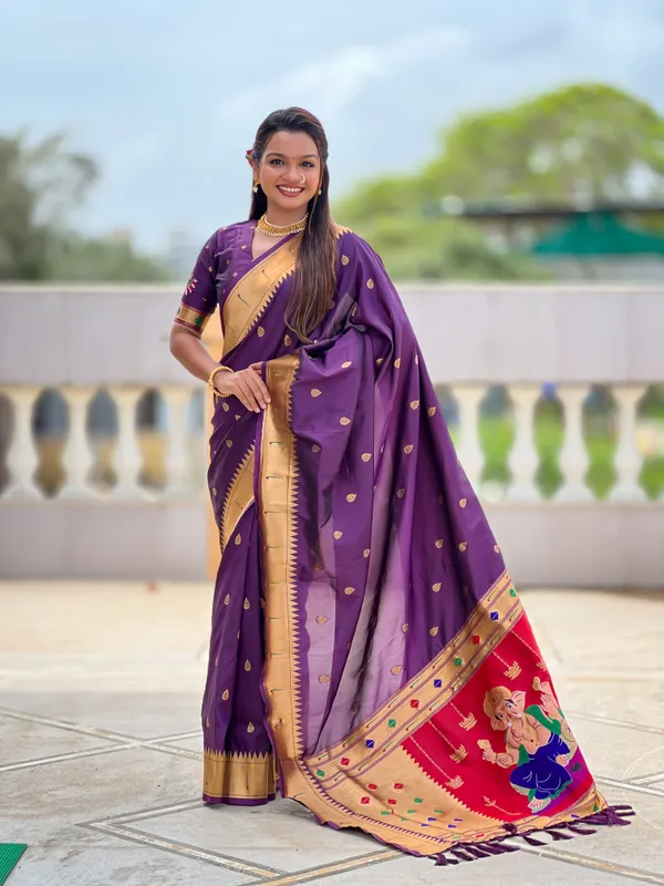 Wine_Soft_Pethani_Silk_Saree_With_Zari_Weaving_Motifs_Design_And_Meenakari_Weaving_Rich_Pallu_With_Meenakari_Weaving_Munia_Border_And_Tassels_Attached_At_Pallu_End_Blouse_For_Women