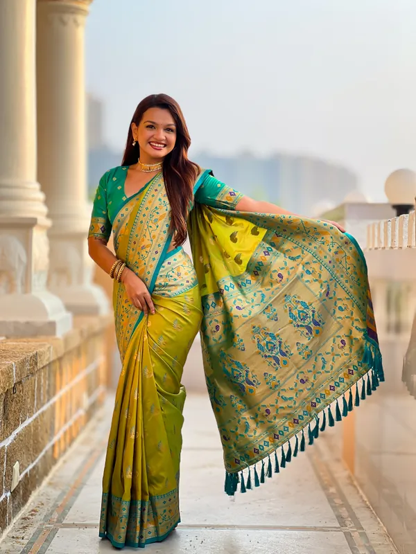 Parrot_Green_Soft_Pethani_Silk_Saree_With_Zari_Weaving_Motifs_Design_And_Meenakari_Weaving_Rich_Pallu_With_Meenakari_Weaving_Border_And_Tassels_Attached_At_Pallu_End_Blouse_For_Women
