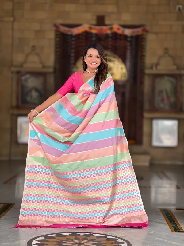 Pink_Soft_Silk_Saree_With_Zari_Weaving_Meenakari_Design_All_Over_The_Saree_And_Zari_Weaving_Contrast_Rich_Pallu_With_Cotrast_Weaving_Border_And_Tassels_Attached_At_Pallu_End_Blouse_For_Women
