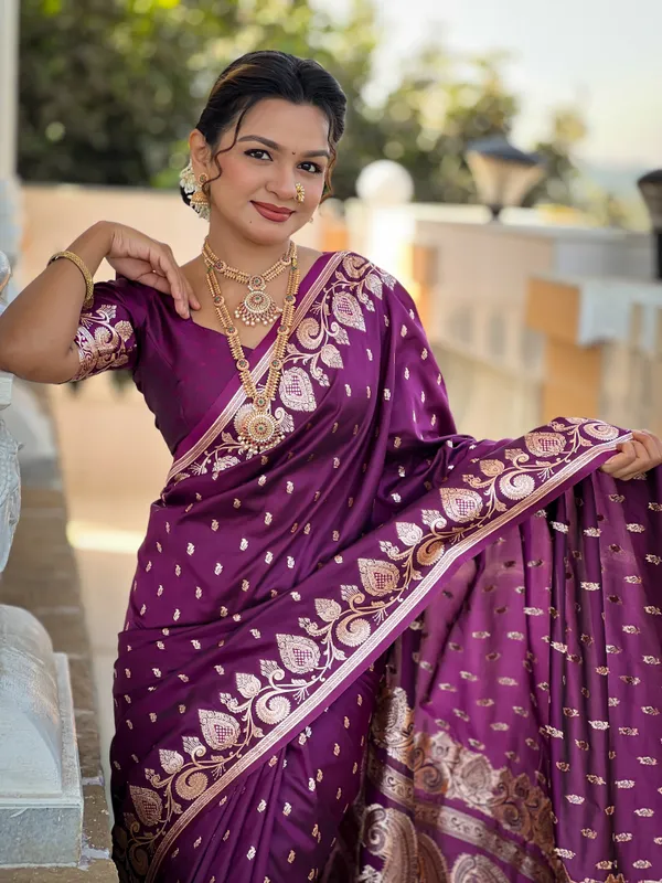 Wine_Soft_Banarasi_Silk_Saree_With_Zari_Weaving_Design_All_Over_The_Saree_And_Zari_Weaving_Rich_Pallu_With_Meenakari_Weaving_Border_And_Tassels_Attached_At_Pallu_End_Blouse_For_Women