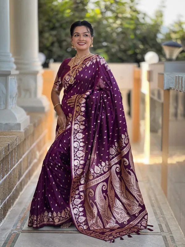 Wine_Soft_Banarasi_Silk_Saree_With_Zari_Weaving_Design_All_Over_The_Saree_And_Zari_Weaving_Rich_Pallu_With_Meenakari_Weaving_Border_And_Tassels_Attached_At_Pallu_End_Blouse_For_Women