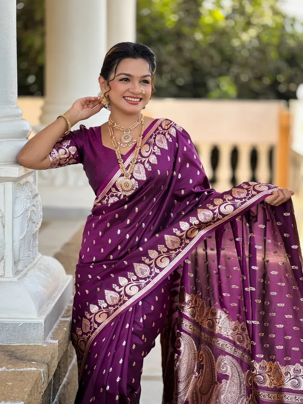 Wine_Soft_Banarasi_Silk_Saree_With_Zari_Weaving_Design_All_Over_The_Saree_And_Zari_Weaving_Rich_Pallu_With_Meenakari_Weaving_Border_And_Tassels_Attached_At_Pallu_End_Blouse_For_Women