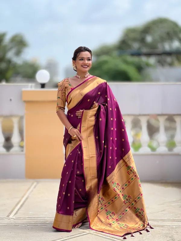 Wine_Soft_Pethani_Silk_Saree_With_Zari_Weaving_Motifs_Design_And_Meenakari_Weaving_Rich_Pallu_With_Meenakari_Weaving_Double_Munia_Border_And_Tassels_Attached_At_Pallu_End_Blouse_For_Women