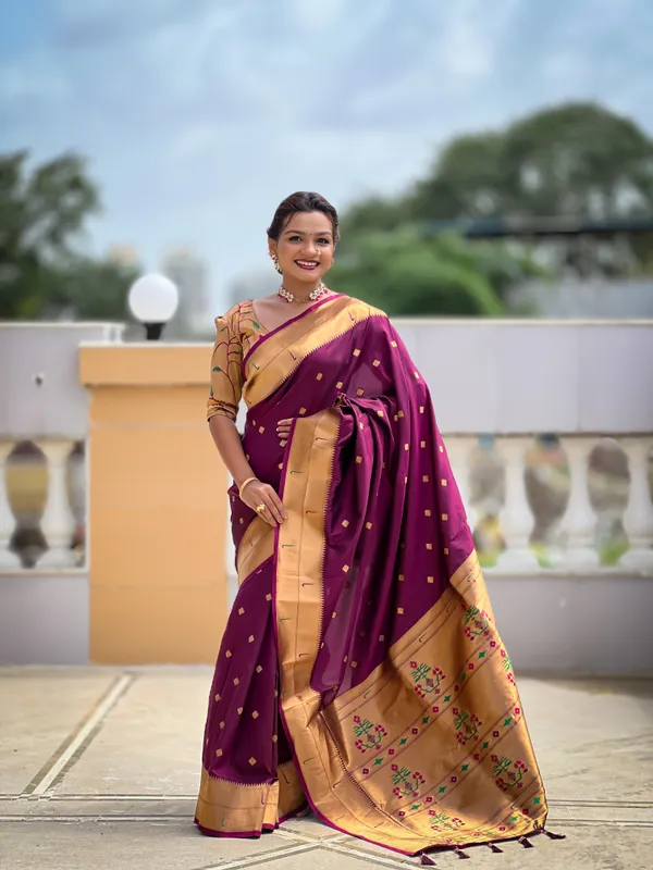 Wine_Soft_Pethani_Silk_Saree_With_Zari_Weaving_Motifs_Design_And_Meenakari_Weaving_Rich_Pallu_With_Meenakari_Weaving_Double_Munia_Border_And_Tassels_Attached_At_Pallu_End_Blouse_For_Women