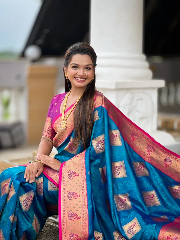 Firozi_Soft_Banarasi_Silk_Saree_With_Zari_Weaving_Meenakari_Design_All_Over_The_Saree_And_Contrast_Weaving_Rich_Pallu_With_Contrast_Weaving_Border_And_Tassels_Attached_At_Pallu_And_Blouse_For_Women