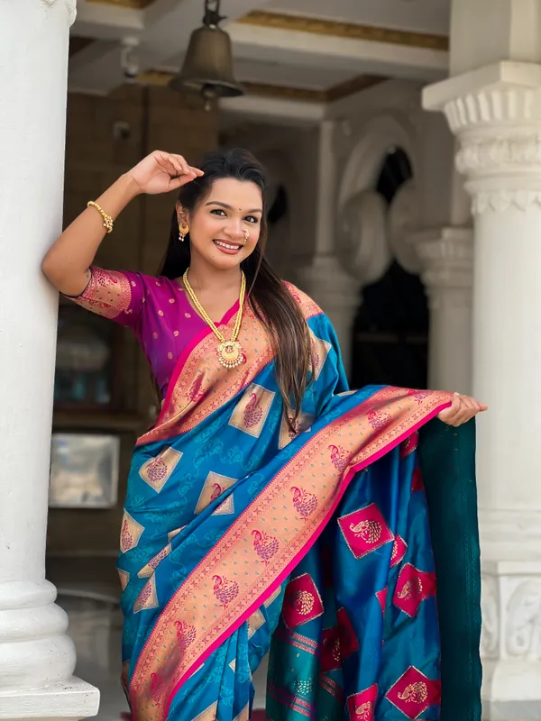 Firozi_Soft_Banarasi_Silk_Saree_With_Zari_Weaving_Meenakari_Design_All_Over_The_Saree_And_Contrast_Weaving_Rich_Pallu_With_Contrast_Weaving_Border_And_Tassels_Attached_At_Pallu_And_Blouse_For_Women