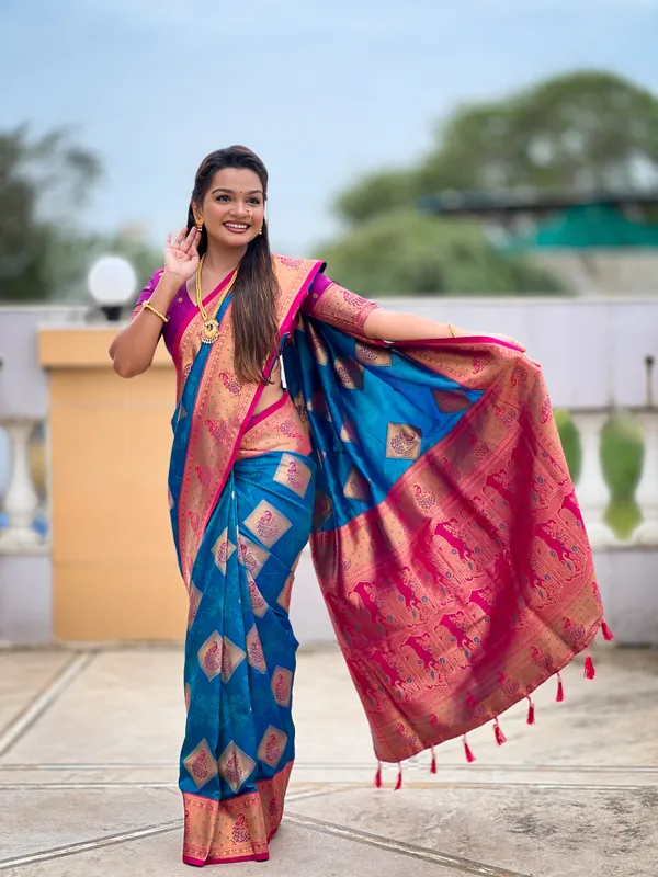Firozi_Soft_Banarasi_Silk_Saree_With_Zari_Weaving_Meenakari_Design_All_Over_The_Saree_And_Contrast_Weaving_Rich_Pallu_With_Contrast_Weaving_Border_And_Tassels_Attached_At_Pallu_And_Blouse_For_Women