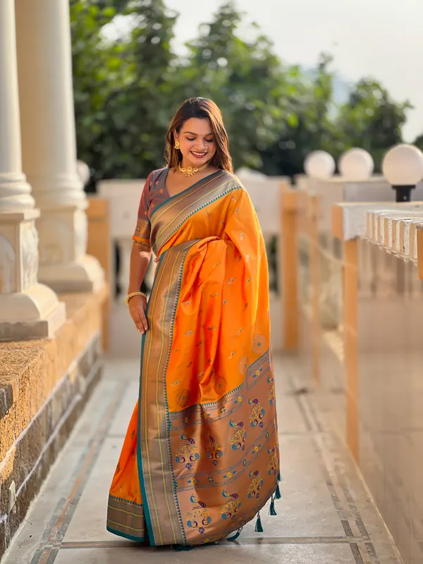 Mustard_Soft_Pethani_Silk_Saree_With_Zari_Weaving_Motifs_Design_And_Meenakari_Weaving_Rich_Pallu_With_Meenakari_Weaving_Border_And_Tassels_Attached_At_Pallu_End_Blouse_For_Women