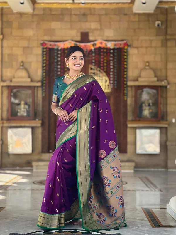 Wine_Soft_Pethani_Silk_Saree_With_Zari_Weaving_Motifs_Design_And_Meenakari_Weaving_Rich_Pallu_With_Meenakari_Weaving_Border_And_Tassels_Attached_At_Pallu_End_Blouse_For_Women