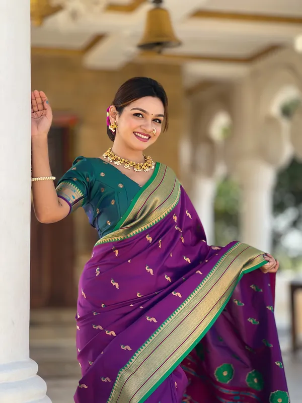 Wine_Soft_Pethani_Silk_Saree_With_Zari_Weaving_Motifs_Design_And_Meenakari_Weaving_Rich_Pallu_With_Meenakari_Weaving_Border_And_Tassels_Attached_At_Pallu_End_Blouse_For_Women
