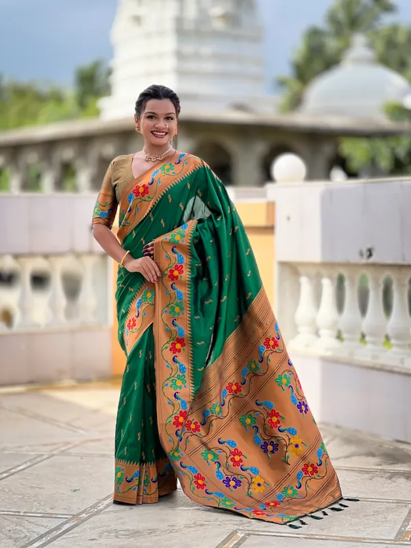 Green_Soft_Paithani_Silk_Saree_With_Zari_Weaving_Meenakari_Motifs_Design_And_Meenakari_Weaving_Rich_Pallu_With_Meenakari_Weaving_Border_And_Tassels_Attached_At_Pallu_And_Blouse_For_Women