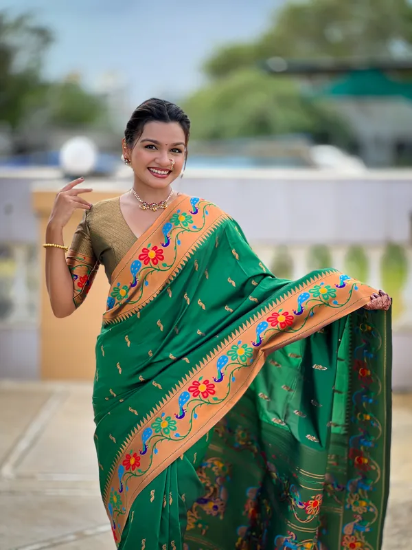 Green_Soft_Paithani_Silk_Saree_With_Zari_Weaving_Meenakari_Motifs_Design_And_Meenakari_Weaving_Rich_Pallu_With_Meenakari_Weaving_Border_And_Tassels_Attached_At_Pallu_And_Blouse_For_Women