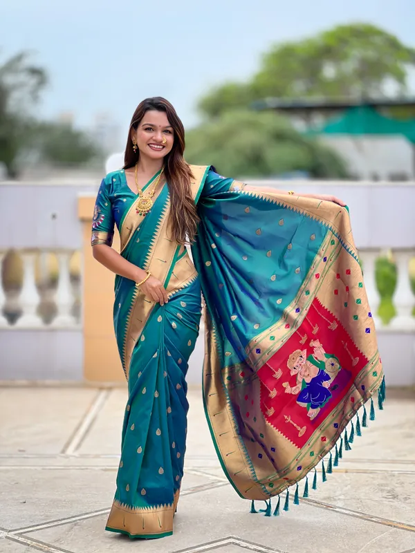 Rama_Soft_Pethani_Silk_Saree_With_Zari_Weaving_Motifs_Design_And_Meenakari_Weaving_Rich_Pallu_With_Meenakari_Weaving_Munia_Border_And_Tassels_Attached_At_Pallu_End_Blouse_For_Women