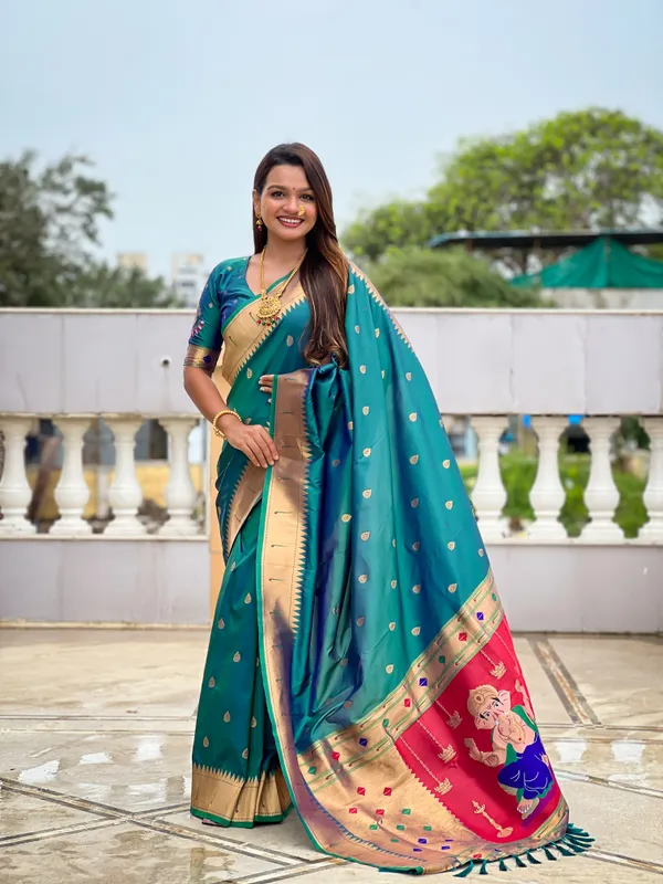 Rama_Soft_Pethani_Silk_Saree_With_Zari_Weaving_Motifs_Design_And_Meenakari_Weaving_Rich_Pallu_With_Meenakari_Weaving_Munia_Border_And_Tassels_Attached_At_Pallu_End_Blouse_For_Women