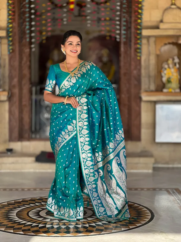 Rama_Soft_Banarasi_Silk_Saree_With_Zari_Weaving_Design_All_Over_The_Saree_And_Zari_Weaving_Rich_Pallu_With_Meenakari_Weaving_Border_And_Tassels_Attached_At_Pallu_End_Blouse_For_Women