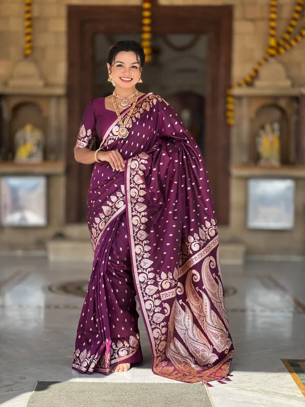 Wine_Soft_Banarasi_Silk_Saree_With_Zari_Weaving_Design_All_Over_The_Saree_And_Zari_Weaving_Rich_Pallu_With_Meenakari_Weaving_Border_And_Tassels_Attached_At_Pallu_End_Blouse_For_Women