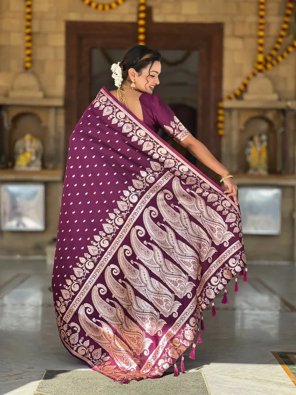 Wine_Soft_Banarasi_Silk_Saree_With_Zari_Weaving_Design_All_Over_The_Saree_And_Zari_Weaving_Rich_Pallu_With_Meenakari_Weaving_Border_And_Tassels_Attached_At_Pallu_End_Blouse_For_Women