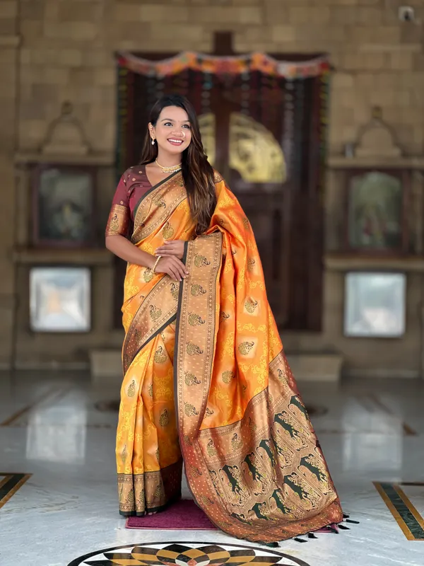Mustard_Soft_Banarasi_Silk_Saree_With_Zari_Weaving_Meenakari_Design_All_Over_The_Saree_And_Contrast_Weaving_Rich_Pallu_With_Contrast_Weaving_Border_And_Tassels_Attached_At_Pallu_And_Blouse_For_Women