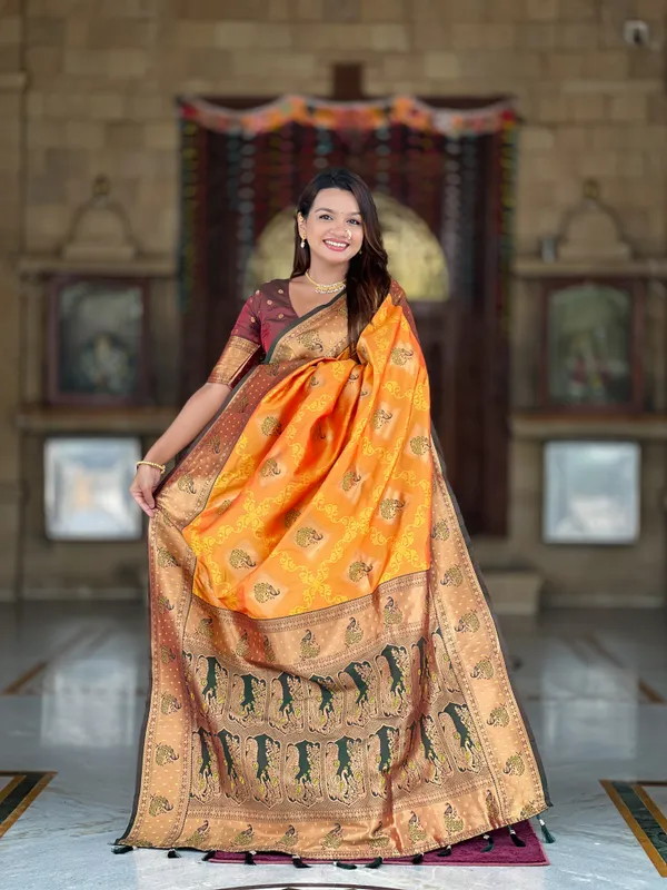 Mustard_Soft_Banarasi_Silk_Saree_With_Zari_Weaving_Meenakari_Design_All_Over_The_Saree_And_Contrast_Weaving_Rich_Pallu_With_Contrast_Weaving_Border_And_Tassels_Attached_At_Pallu_And_Blouse_For_Women