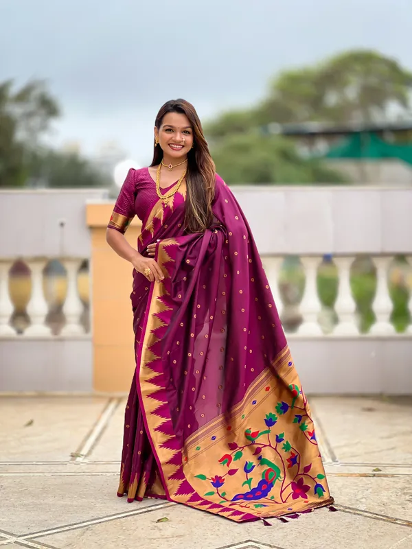 Wine_Soft_Pethani_Silk_Saree_With_Zari_Weaving_Motifs_Design_And_Meenakari_Weaving_Rich_Pallu_With_Temple_Weaving_Border_And_Tassels_Attached_At_Pallu_End_Blouse_For_Women