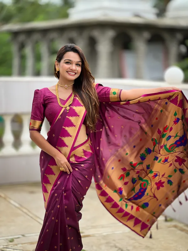 Wine_Soft_Pethani_Silk_Saree_With_Zari_Weaving_Motifs_Design_And_Meenakari_Weaving_Rich_Pallu_With_Temple_Weaving_Border_And_Tassels_Attached_At_Pallu_End_Blouse_For_Women