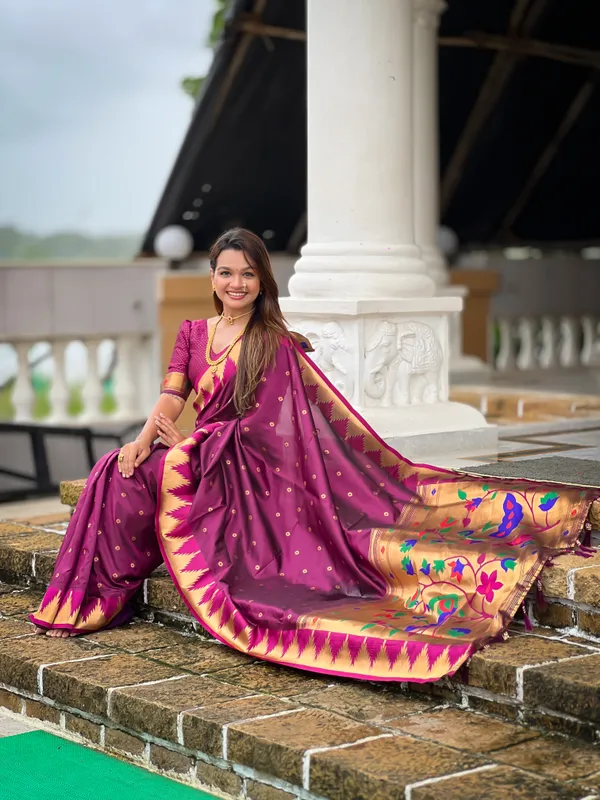 Wine_Soft_Pethani_Silk_Saree_With_Zari_Weaving_Motifs_Design_And_Meenakari_Weaving_Rich_Pallu_With_Temple_Weaving_Border_And_Tassels_Attached_At_Pallu_End_Blouse_For_Women