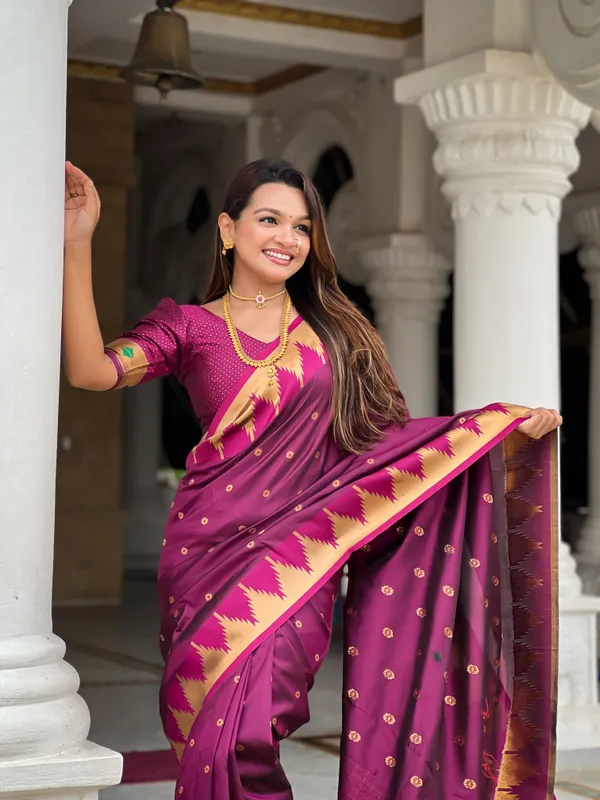 Wine_Soft_Pethani_Silk_Saree_With_Zari_Weaving_Motifs_Design_And_Meenakari_Weaving_Rich_Pallu_With_Temple_Weaving_Border_And_Tassels_Attached_At_Pallu_End_Blouse_For_Women