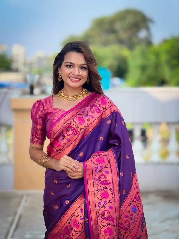 Purple_Soft_Pethani_Silk_Saree_With_Zari_Weaving_Meenakari_Motifs_Design_And_Meenakari_Weaving_Rich_Pallu_With_Meenakari_Weaving_Border_And_Tassels_Attached_At_Pallu_End_Blouse_For_Women
