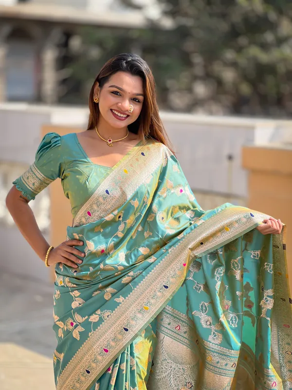 Pista_Soft_Banarasi_Silk_Saree_With_Zari_Weaving_Meenakari_Touchup_Design_All_Over_The_Saree_And_Meenakari_Weaving_Rich_Pallu_For_Women