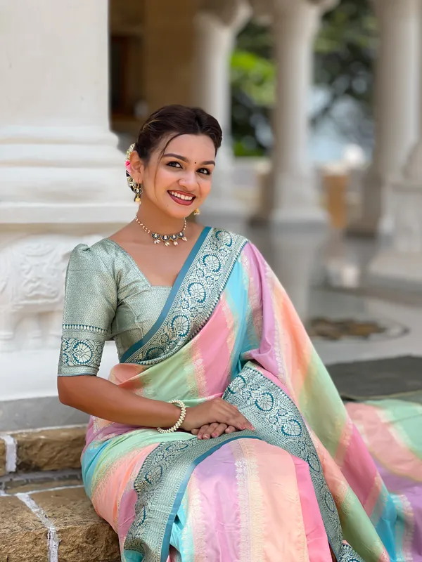Morpis_Soft_Silk_Saree_With_Zari_Weaving_Meenakari_Design_All_Over_The_Saree_And_Zari_Weaving_Contrast_Rich_Pallu_With_Cotrast_Weaving_Border_And_Tassels_Attached_At_Pallu_End_Blouse_For_Women
