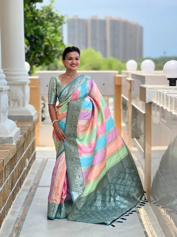 Morpis_Soft_Silk_Saree_With_Zari_Weaving_Meenakari_Design_All_Over_The_Saree_And_Zari_Weaving_Contrast_Rich_Pallu_With_Cotrast_Weaving_Border_And_Tassels_Attached_At_Pallu_End_Blouse_For_Women