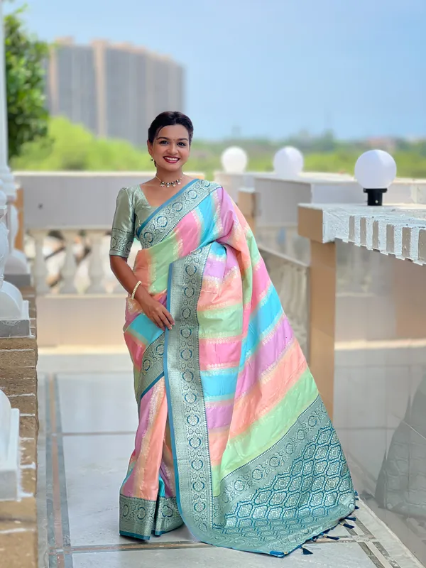Morpis_Soft_Silk_Saree_With_Zari_Weaving_Meenakari_Design_All_Over_The_Saree_And_Zari_Weaving_Contrast_Rich_Pallu_With_Cotrast_Weaving_Border_And_Tassels_Attached_At_Pallu_End_Blouse_For_Women