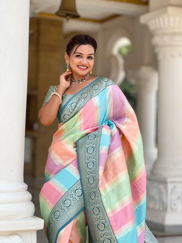 Morpis_Soft_Silk_Saree_With_Zari_Weaving_Meenakari_Design_All_Over_The_Saree_And_Zari_Weaving_Contrast_Rich_Pallu_With_Cotrast_Weaving_Border_And_Tassels_Attached_At_Pallu_End_Blouse_For_Women