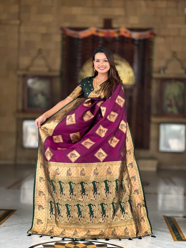 Wine_Soft_Banarasi_Silk_Saree_With_Zari_Weaving_Meenakari_Design_All_Over_The_Saree_And_Contrast_Weaving_Rich_Pallu_With_Contrast_Weaving_Border_And_Tassels_Attached_At_Pallu_And_Blouse_For_Women