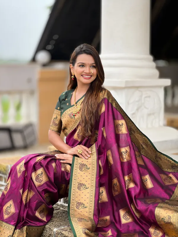 Wine_Soft_Banarasi_Silk_Saree_With_Zari_Weaving_Meenakari_Design_All_Over_The_Saree_And_Contrast_Weaving_Rich_Pallu_With_Contrast_Weaving_Border_And_Tassels_Attached_At_Pallu_And_Blouse_For_Women