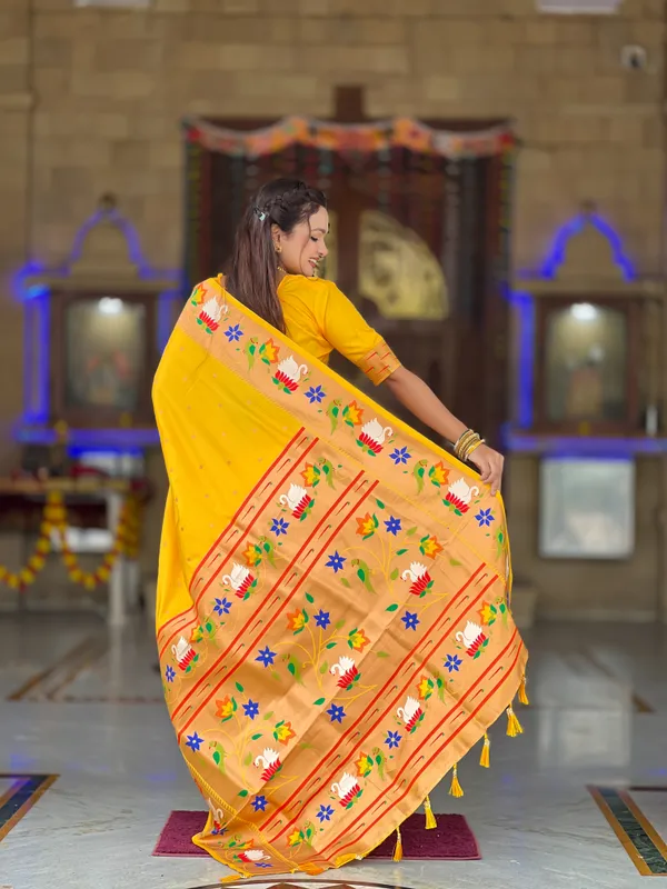 Yellow_Soft_Pethani_Silk_Saree_With_Zari_Weaving_Motifs_Design_And_Meenakari_Weaving_Rich_Pallu_With_Meenakari_Weaving_Border_And_Tassels_Attached_At_Pallu_End_Blouse_For_Women