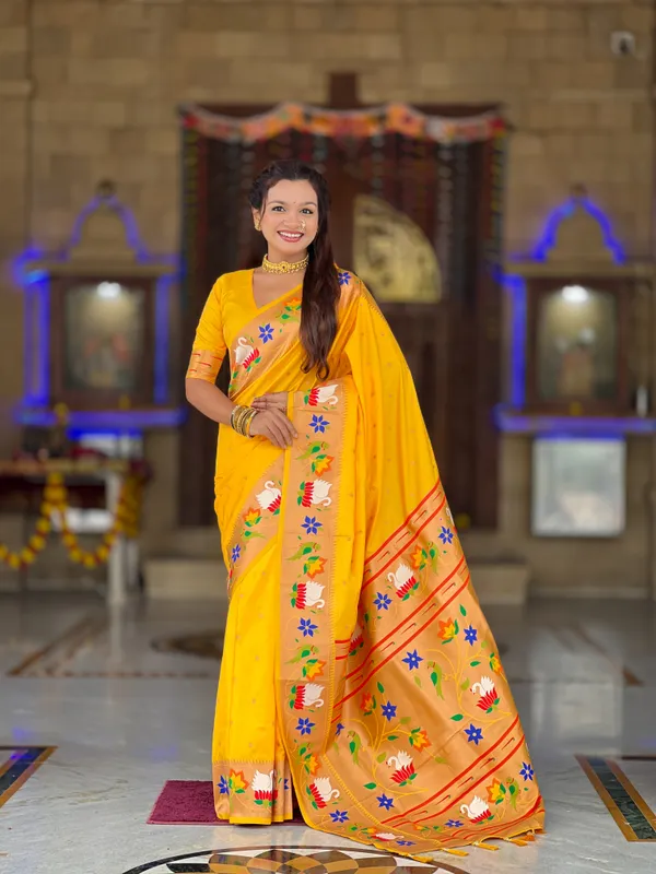 Yellow_Soft_Pethani_Silk_Saree_With_Zari_Weaving_Motifs_Design_And_Meenakari_Weaving_Rich_Pallu_With_Meenakari_Weaving_Border_And_Tassels_Attached_At_Pallu_End_Blouse_For_Women