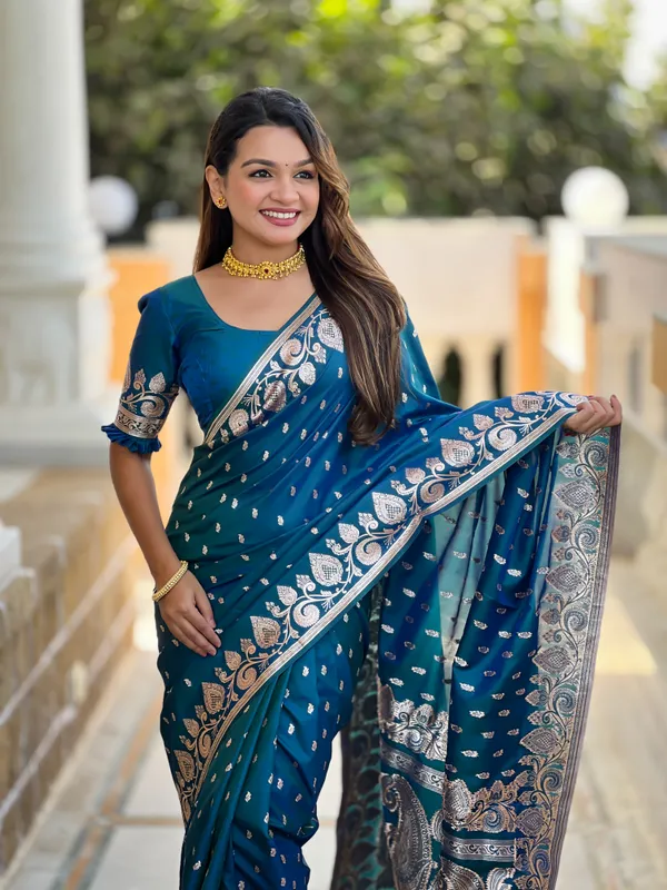 Morpis_Soft_Banarasi_Silk_Saree_With_Zari_Weaving_Design_All_Over_The_Saree_And_Zari_Weaving_Rich_Pallu_With_Meenakari_Weaving_Border_And_Tassels_Attached_At_Pallu_End_Blouse_For_Women