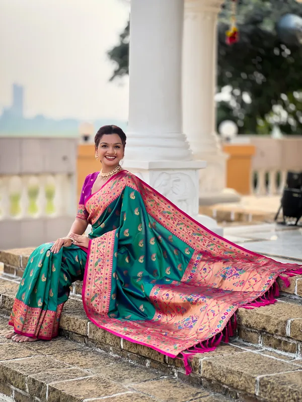 Rama_Soft_Pethani_Silk_Saree_With_Zari_Weaving_Motifs_Design_And_Meenakari_Weaving_Rich_Pallu_With_Meenakari_Weaving_Border_And_Tassels_Attached_At_Pallu_End_Blouse_For_Women