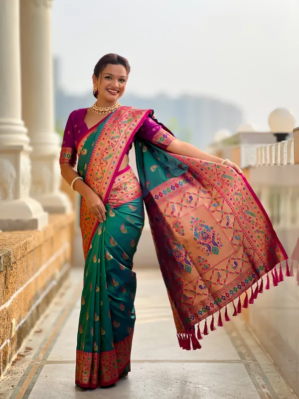 Rama_Soft_Pethani_Silk_Saree_With_Zari_Weaving_Motifs_Design_And_Meenakari_Weaving_Rich_Pallu_With_Meenakari_Weaving_Border_And_Tassels_Attached_At_Pallu_End_Blouse_For_Women