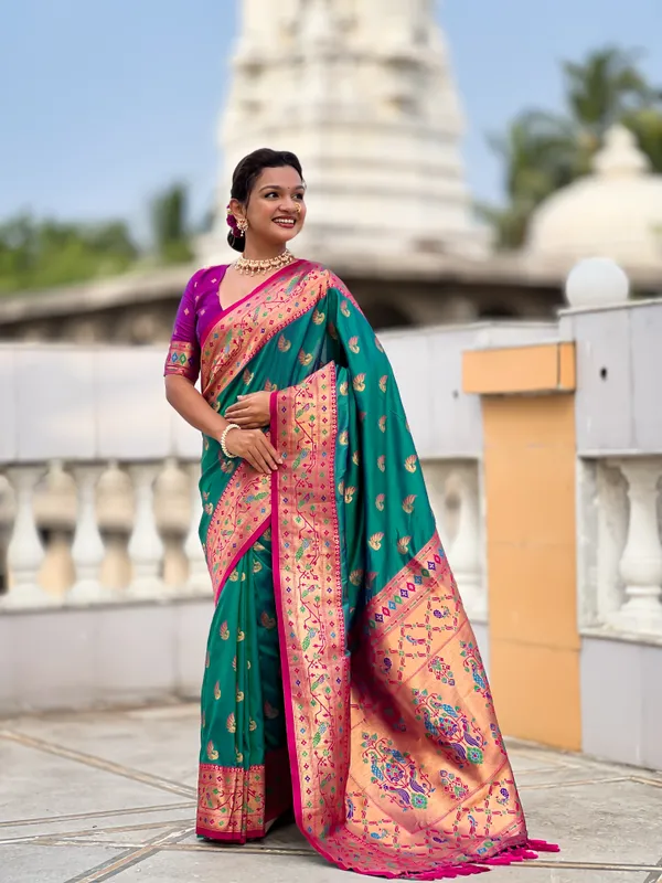 Rama_Soft_Pethani_Silk_Saree_With_Zari_Weaving_Motifs_Design_And_Meenakari_Weaving_Rich_Pallu_With_Meenakari_Weaving_Border_And_Tassels_Attached_At_Pallu_End_Blouse_For_Women