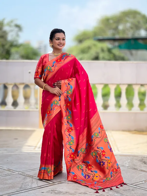 Pink_Soft_Paithani_Silk_Saree_With_Zari_Weaving_Meenakari_Motifs_Design_And_Meenakari_Weaving_Rich_Pallu_With_Meenakari_Weaving_Border_And_Tassels_Attached_At_Pallu_And_Blouse_For_Women