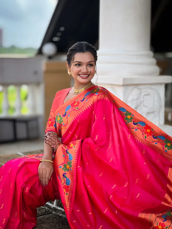 Pink_Soft_Paithani_Silk_Saree_With_Zari_Weaving_Meenakari_Motifs_Design_And_Meenakari_Weaving_Rich_Pallu_With_Meenakari_Weaving_Border_And_Tassels_Attached_At_Pallu_And_Blouse_For_Women