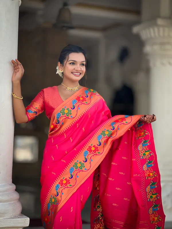 Pink_Soft_Paithani_Silk_Saree_With_Zari_Weaving_Meenakari_Motifs_Design_And_Meenakari_Weaving_Rich_Pallu_With_Meenakari_Weaving_Border_And_Tassels_Attached_At_Pallu_And_Blouse_For_Women