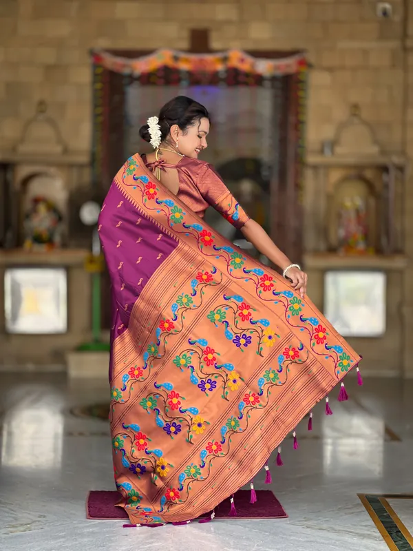 Wine_Soft_Paithani_Silk_Saree_With_Zari_Weaving_Meenakari_Motifs_Design_And_Meenakari_Weaving_Rich_Pallu_With_Meenakari_Weaving_Border_And_Tassels_Attached_At_Pallu_And_Blouse_For_Women