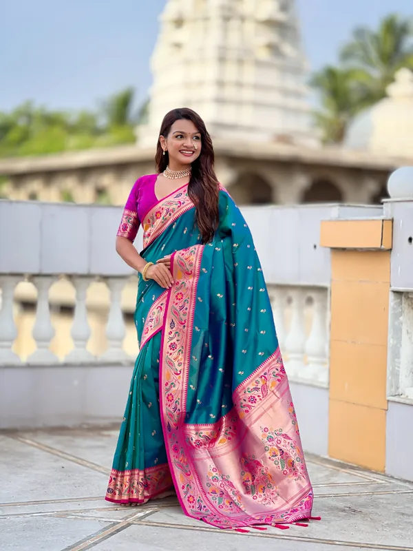 Aqua_Rama_Soft_Pethani_Silk_Saree_With_Zari_Weaving_Motifs_Design_And_Meenakari_Weaving_Rich_Pallu_With_Meenakari_Weaving_Border_And_Tassels_Attached_At_Pallu_End_Blouse_For_Women