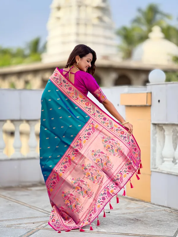 Aqua_Rama_Soft_Pethani_Silk_Saree_With_Zari_Weaving_Motifs_Design_And_Meenakari_Weaving_Rich_Pallu_With_Meenakari_Weaving_Border_And_Tassels_Attached_At_Pallu_End_Blouse_For_Women