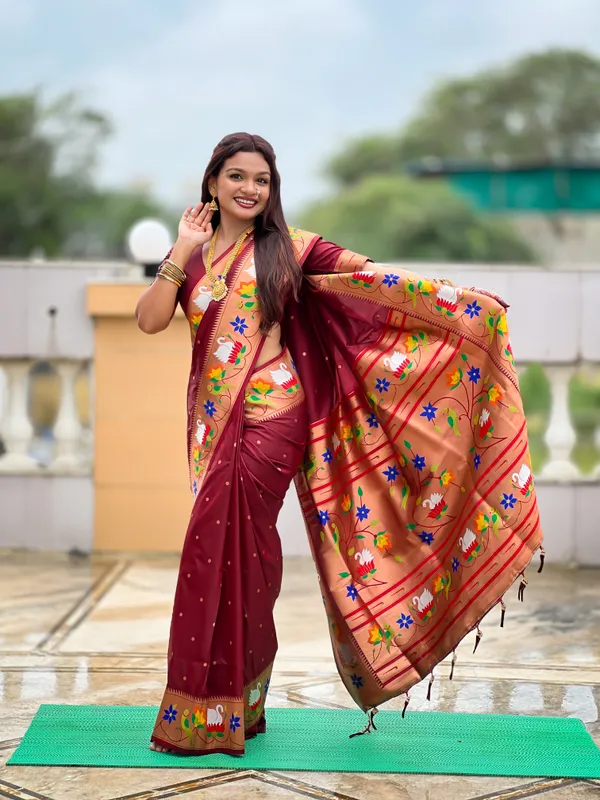 Maroon_Soft_Pethani_Silk_Saree_With_Zari_Weaving_Motifs_Design_And_Meenakari_Weaving_Rich_Pallu_With_Meenakari_Weaving_Border_And_Tassels_Attached_At_Pallu_End_Blouse_For_Women