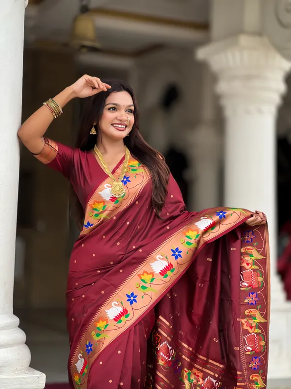 Maroon_Soft_Pethani_Silk_Saree_With_Zari_Weaving_Motifs_Design_And_Meenakari_Weaving_Rich_Pallu_With_Meenakari_Weaving_Border_And_Tassels_Attached_At_Pallu_End_Blouse_For_Women